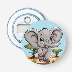 Olifant Baby springt vrolijk in Afrikaanse savanne Button Flesopener