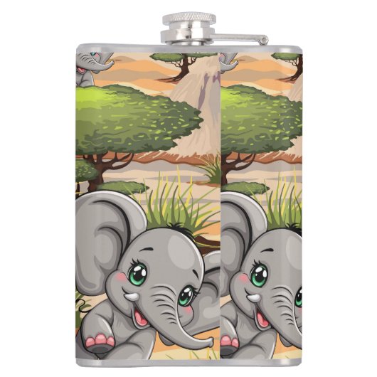 Olifant Baby springt vrolijk in Afrikaanse savanne Heupfles (Achterkant)