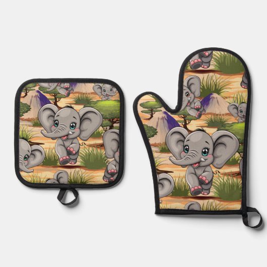 Olifant Baby springt vrolijk in Afrikaanse savanne Ovenwant & Pannenlap Set (Voorkant)