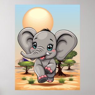 Olifant Baby springt vrolijk in Afrikaanse savanne Poster