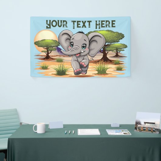 Olifant Baby springt vrolijk in Afrikaanse savanne Spandoek (Beurs)