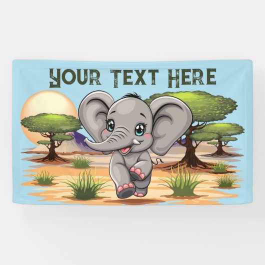 Olifant Baby springt vrolijk in Afrikaanse savanne Spandoek (Horizontaal)