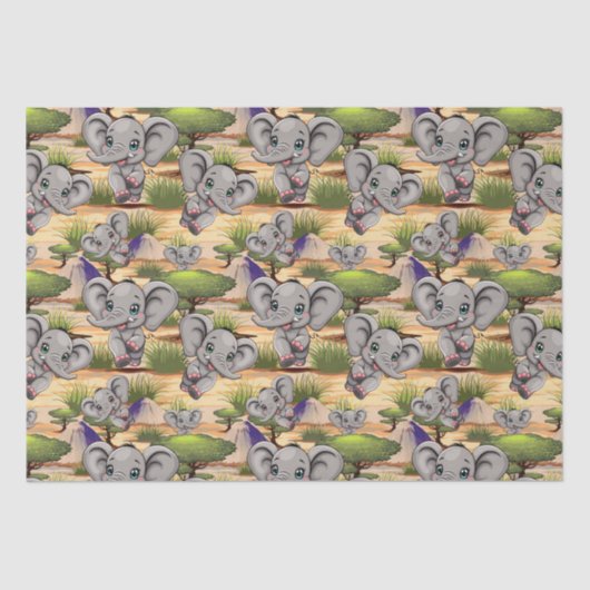 Olifant Baby springt vrolijk in Afrikaanse savanne Tissuepapier (Voorkant)