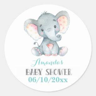 Olifant Babyfeest Aqua en Grijs Ronde Sticker