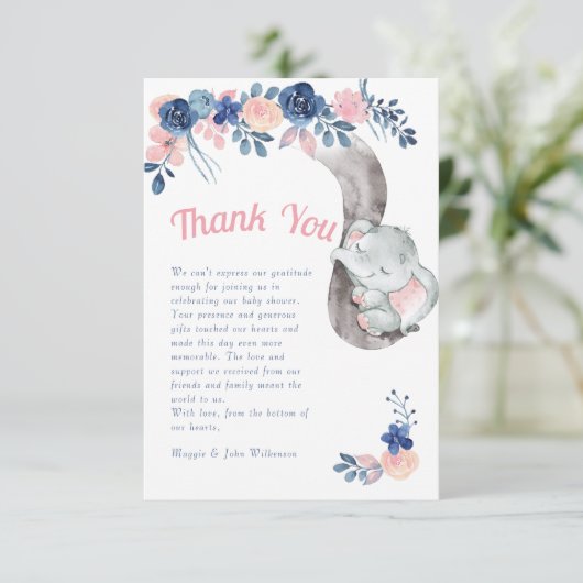 Olifant Blauw en Roze Baby shower Dank U Bedankkaart (Staand voorkant)