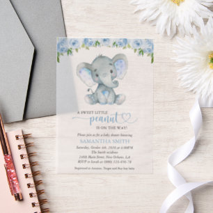 Olifant, Blauwe Aquarel Bloemen, Baby Shower Vellum Uitnodigingen