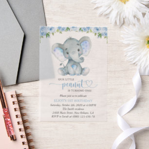 Olifant, Blauwe Aquarel Bloemen, Eerste Verjaardag Vellum Uitnodigingen