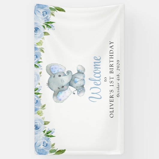 Olifant, Blauwe bloemen, Eerste Verjaardag Welkom Spandoek (Verticaal)