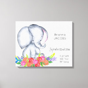 Olifant Bloemen Baby Meisje Geboorterecord Statist Canvas Afdruk