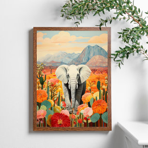 Olifant Bloemen Woestijn Berg Kleurrijk Poster