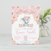 Olifant Blush Floral Baby shower Silver Glitter Kaart (Staand voorkant)