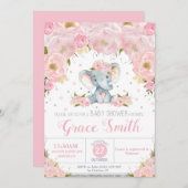 Olifant Blush Floral Baby shower Silver Glitter Kaart (Voorkant / Achterkant)