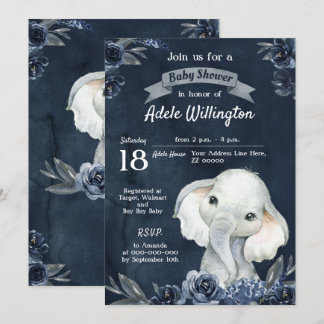 Olifant Boy Waterverf Bloemen Navy Blauw Baby Kaart