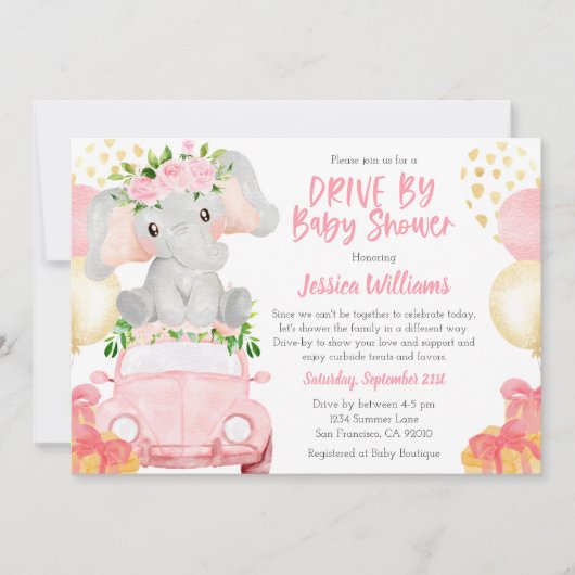 Olifant Drive By Baby Shower Uitnodiging (Voorkant)