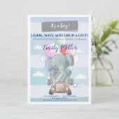 Olifant drive-by baby shower uitnodiging jongen (Staand voorkant)