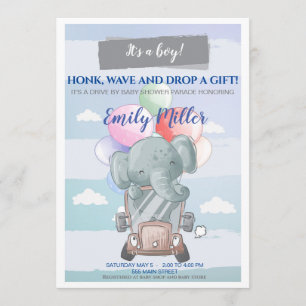 Olifant drive-by baby shower uitnodiging jongen