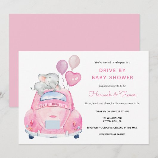 Olifant Drive door Baby Meisje Douche Kaart (Voorkant / Achterkant)