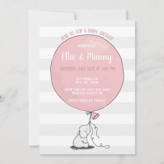 Olifant en Ballon Baby shower Invitation | roze Kaart (Voorkant)