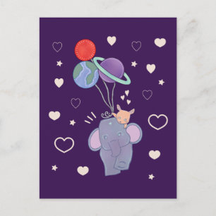 Olifant en Konijn Ruimtereis met Ballon Whimsica Briefkaart