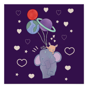 Olifant en Konijn Ruimtereis met Ballon Whimsica Perfect Poster