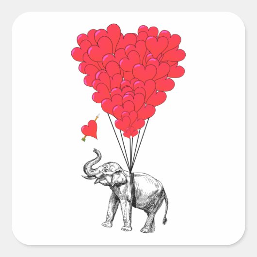 Olifant en rode hartballonnen vierkante sticker (Voorkant)
