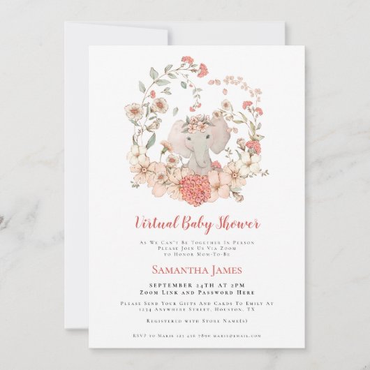 Olifant  gebladerte koraal virtueel Baby shower Kaart (Voorkant)