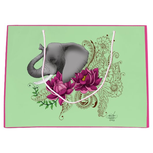 Olifant Henna Lotus Bloemen Groot Cadeauzakje (Voorkant)