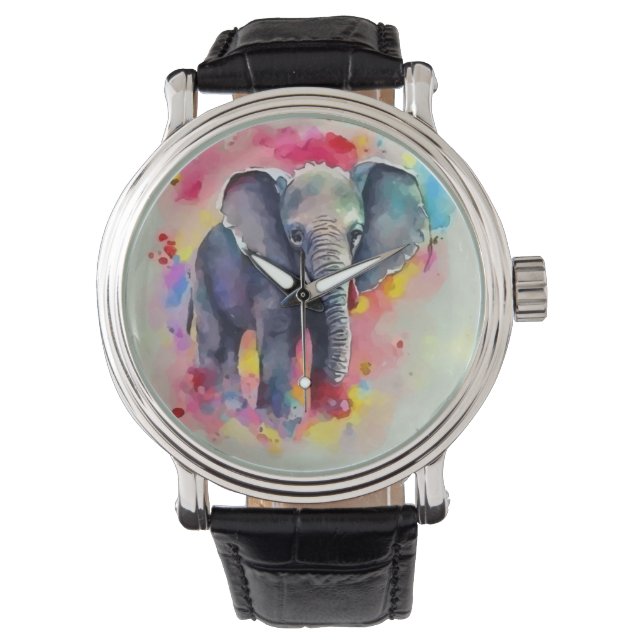Olifant in Waterverf Horloge (Voorkant)