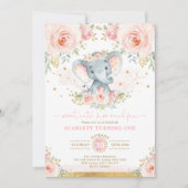 Olifant Meisje 1e Verjaardag Blush Roze Goud Bloem Kaart (Voorkant)