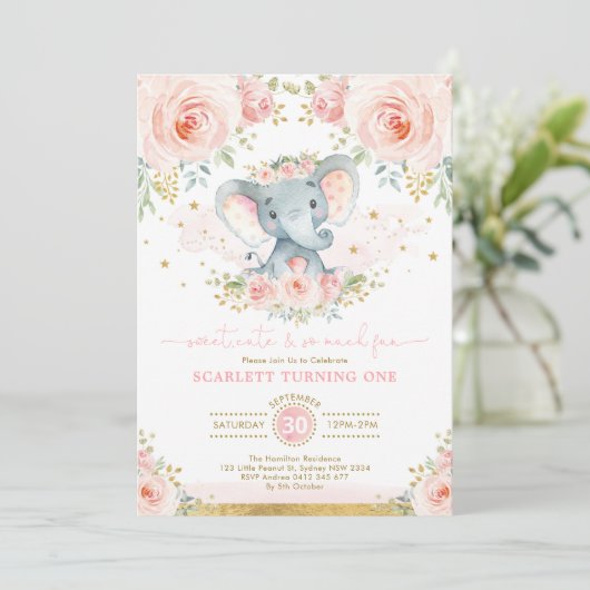 Olifant Meisje 1e Verjaardag Blush Roze Goud Bloem Kaart (Staand voorkant)