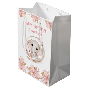 Olifant Meisje Roze 1e Verjaardag Medium Gift Bag Cadeauzakje