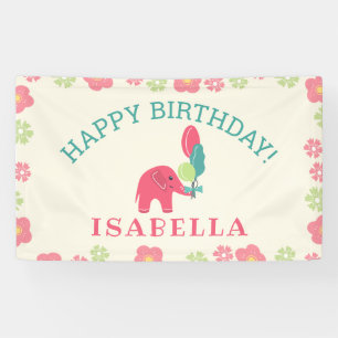 Olifant met Ballonnen Meisjes Verjaardag Spandoek