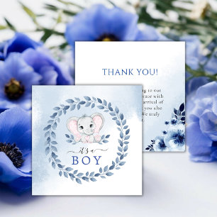 Olifant met blauwe anemonen jongen Baby shower Bedankkaart