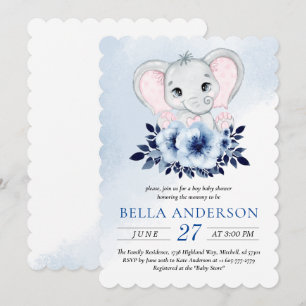 Olifant met blauwe anemonen Waterverf Baby shower Kaart