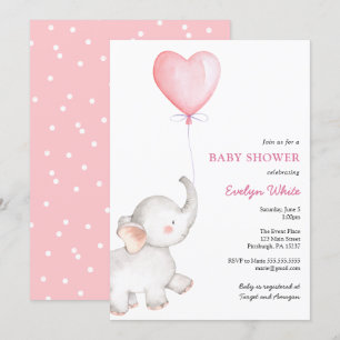 Olifant met Roze Ballon Baby shower Invitation Kaart