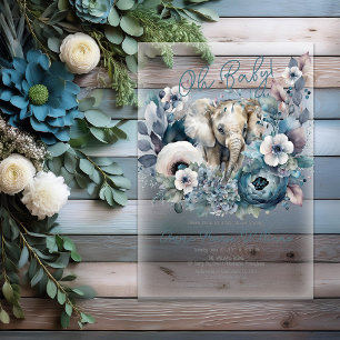 Olifant Oh Baby Blauwe Bloemige Baby Shower Acryl Uitnodigingen