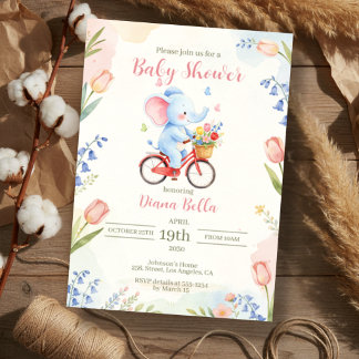 Olifant op Fiets Bloemen Baby Shower Kaart