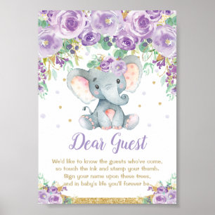 Olifant Paarse Baby shower Thumbprint Gastenboek Poster