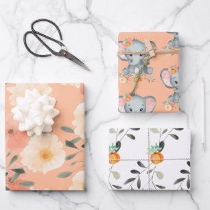 Olifant Peach Fuzz Baby shower Schattige Girly Flo Inpakpapier Vel