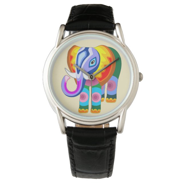 Olifant regenboog kleuren patchwork horloge (Voorkant)