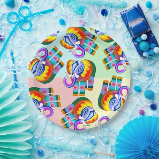 Olifant regenboog kleuren patchwork papieren bordje (Feest)