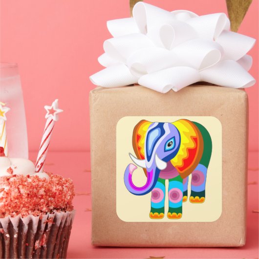 Olifant regenboog kleuren patchwork vierkante sticker (Feest)