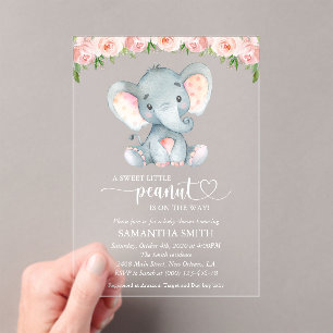 Olifant, Roze Aquarel Bloemen, Baby Shower Acryl Uitnodigingen