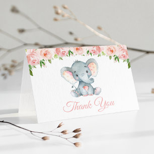 Olifant, Roze Aquarel Bloemen, Eerste Verjaardag Bedankkaart
