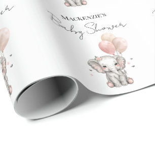 Olifant & Roze Ballonnen Meisje Baby Shower Cadeaupapier