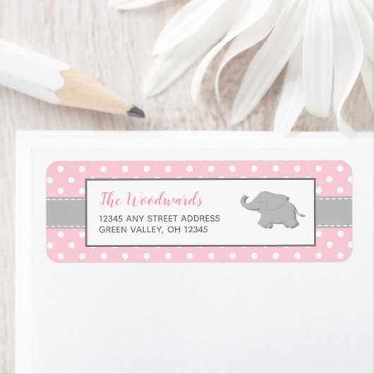Olifant Roze Grijs Stippen Meisje Baby Shower Etiket (Insitu)