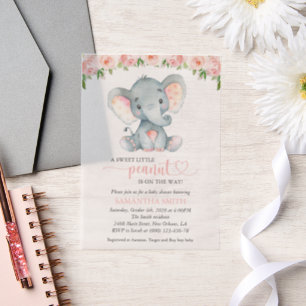Olifant, Roze Waterverf Bloemen, Baby Shower Vellum Uitnodigingen
