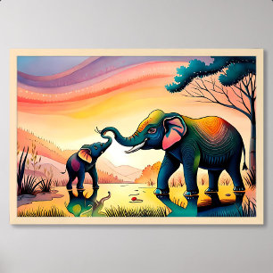 olifant schilderij india kind moeder gelukkig leve poster