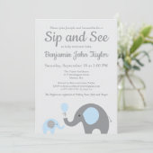 Olifant Sip en zie uitnodigingen in blauw en grijs (Staand voorkant)