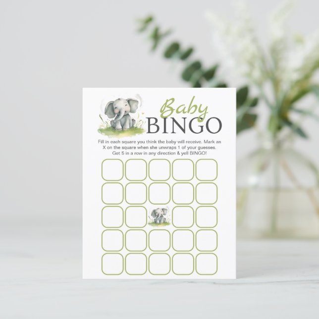 Olifant Thema Baby Shower Bingo Papieren Vel (Staand voorkant)